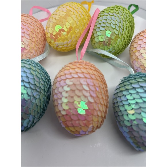 Lot 7 Sequin Easter Egg Ornaments Shiney Spring Decor Tree Ornaments Lightweight - Picture 3 of 10